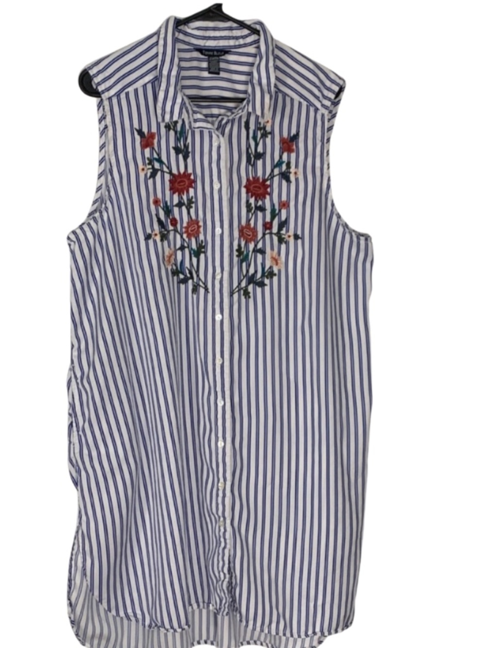 Striped Sleeveless Button Down Shirt Women's 2X Floral Embroidery Boho Tunic